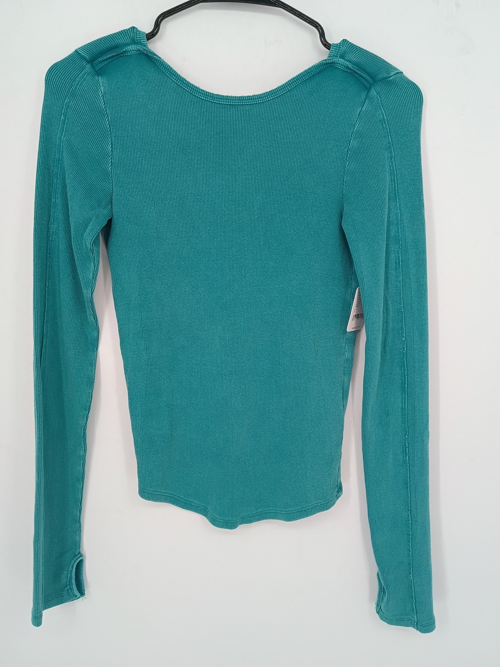 Free People Teal Ribbed Long-Sleeve Crew Top Thumbholes Scoop Back Small